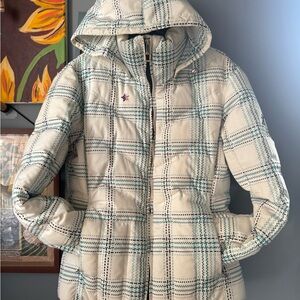 ZeroXposur White Plaid Hooded Puffer with Teal & Black Accents